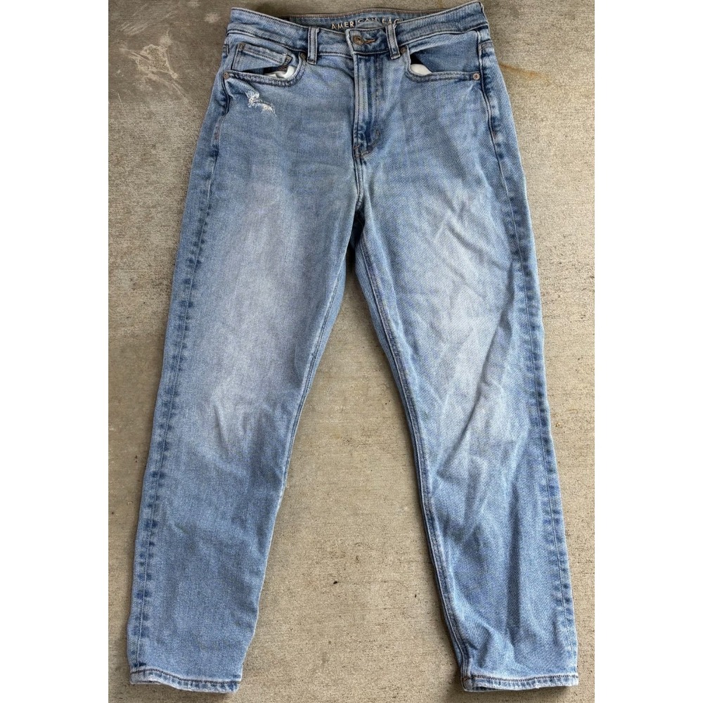 American Eagle Womens Mom Jeans Blue Distressed Denim 5-Pocket Stretch 6 Short
